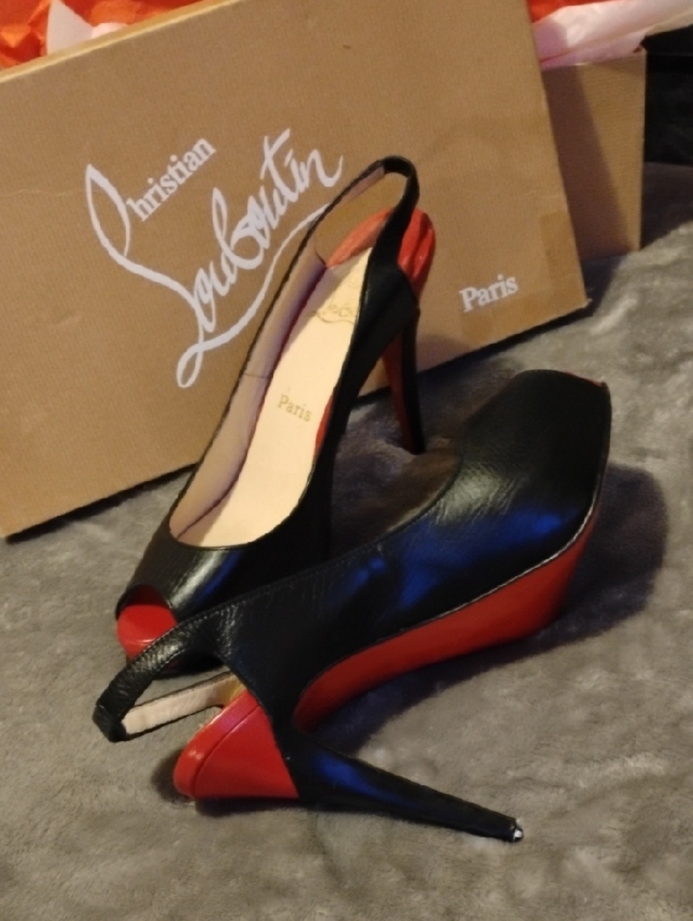 Christian Louboutin Black Leather Peep Toe Slingbacks Size 9